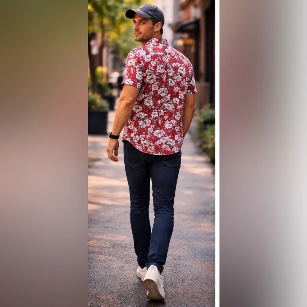 Red Floral J Crew Secret Wash Shirt Slim Medium